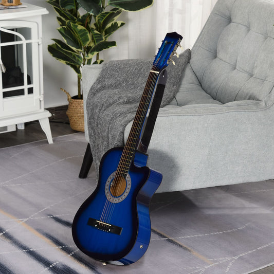 HOMCOM 38 Inch Full Size Blue Classical Acoustic Electric Guitar Kids Guitar and Junior Guitar Premium Gloss Finish w/Case - Blue