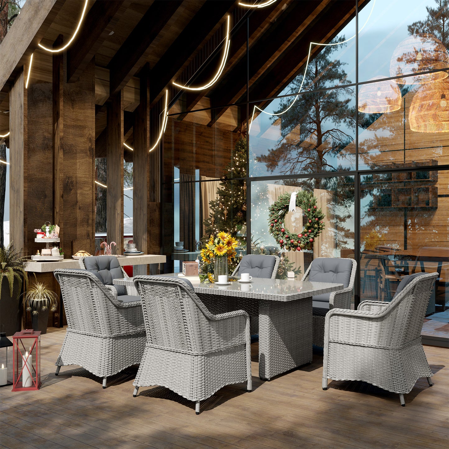 Outsunny 6 Seater Rattan Dining Set, Round PE Rattan Garden Furniture Set with Seat and Back Cushions, Aluminium Outdoor Dining Table and Chairs with 6 Armchairs, Rectangular Glass Top Table, Grey