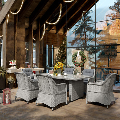 Outsunny 6 Seater Rattan Dining Set, Round PE Rattan Garden Furniture Set with Seat and Back Cushions, Aluminium Outdoor Dining Table and Chairs with 6 Armchairs, Rectangular Glass Top Table, Grey