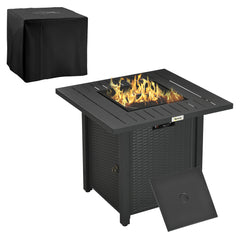 Outsunny Rattan-style Propane Gas Fire Pit Table with 40,000 BTU Burner, Square Smokeless Firepit Patio Heater with Thermocouple, Lava Rocks, Waterproof Cover, Spark Guard and Lid, Black