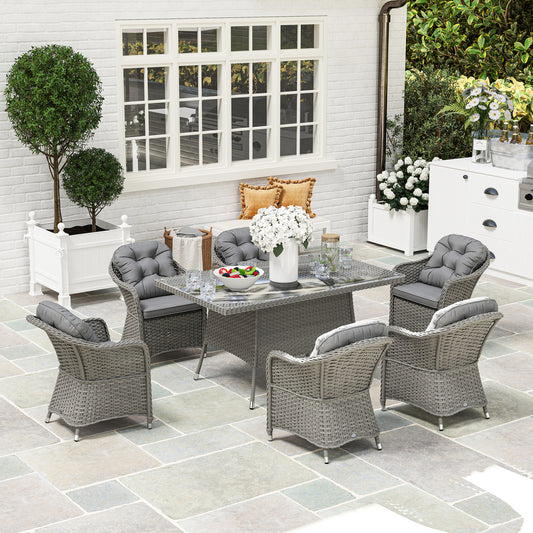 Outsunny 6 Seater Rattan Dining Set with Seat and Back Cushions, PE Rattan Garden Furniture Set, Outdoor Dining Table and Chairs, Rectangular Glass Top Table with Umbrella Hole, Light Grey