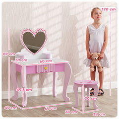 AIYAPLAY Kids Dressing Table Set, Vanity Table with Stool, Mirror, Drawer, Desktop Storage, Heart Theme, Pink