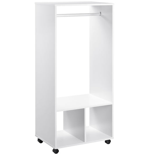 HOMCOM Open Wardrobe on Wheels, Bedroom Wardrobe with Clothes Hanging Rail, 2 Storage Shelves, Mobile Garment Rack for Cloakroom, Hallway, White