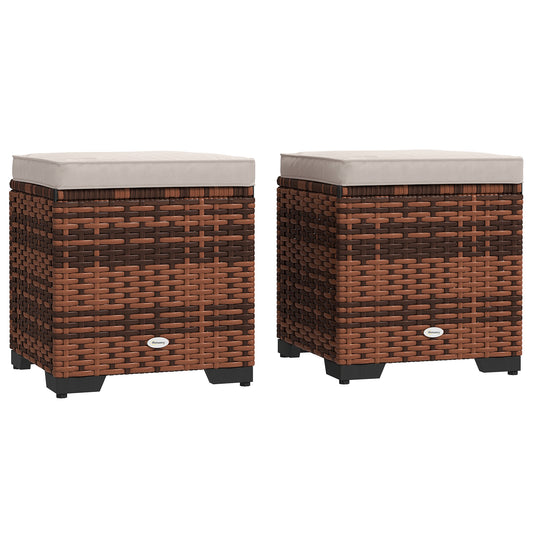 Outsunny Set of 2 Rattan Storage Ottoman, Outdoor Footstool with Removable Cushions, Garden Storage Seat for Balcony, Poolside, Living Room, Beige