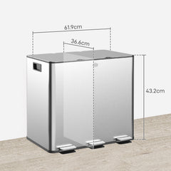 HOMCOM 3 x 15L Pedal Bin, Steel Triple Kitchen Bin with Soft Close Lid, Removable Inner Buckets, Fingerprint-Proof, Silver Tone