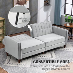 HOMCOM Modern Convertible Sofa Futon Velvet-Touch Tufted Couch Compact Loveseat with Adjustable Split Back, Light Grey