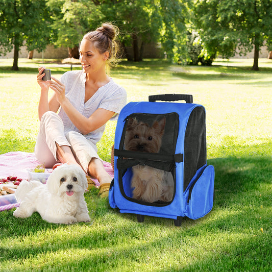 PawHut Pet Travel Backpack Bag Cat Puppy Dog Carrier w/ Trolley and Telescopic Handle Portable Stroller Wheel Luggage Bag (Blue)