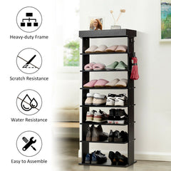 Vertical Designed 7-Tier Shoe Rack with Hooks-Black