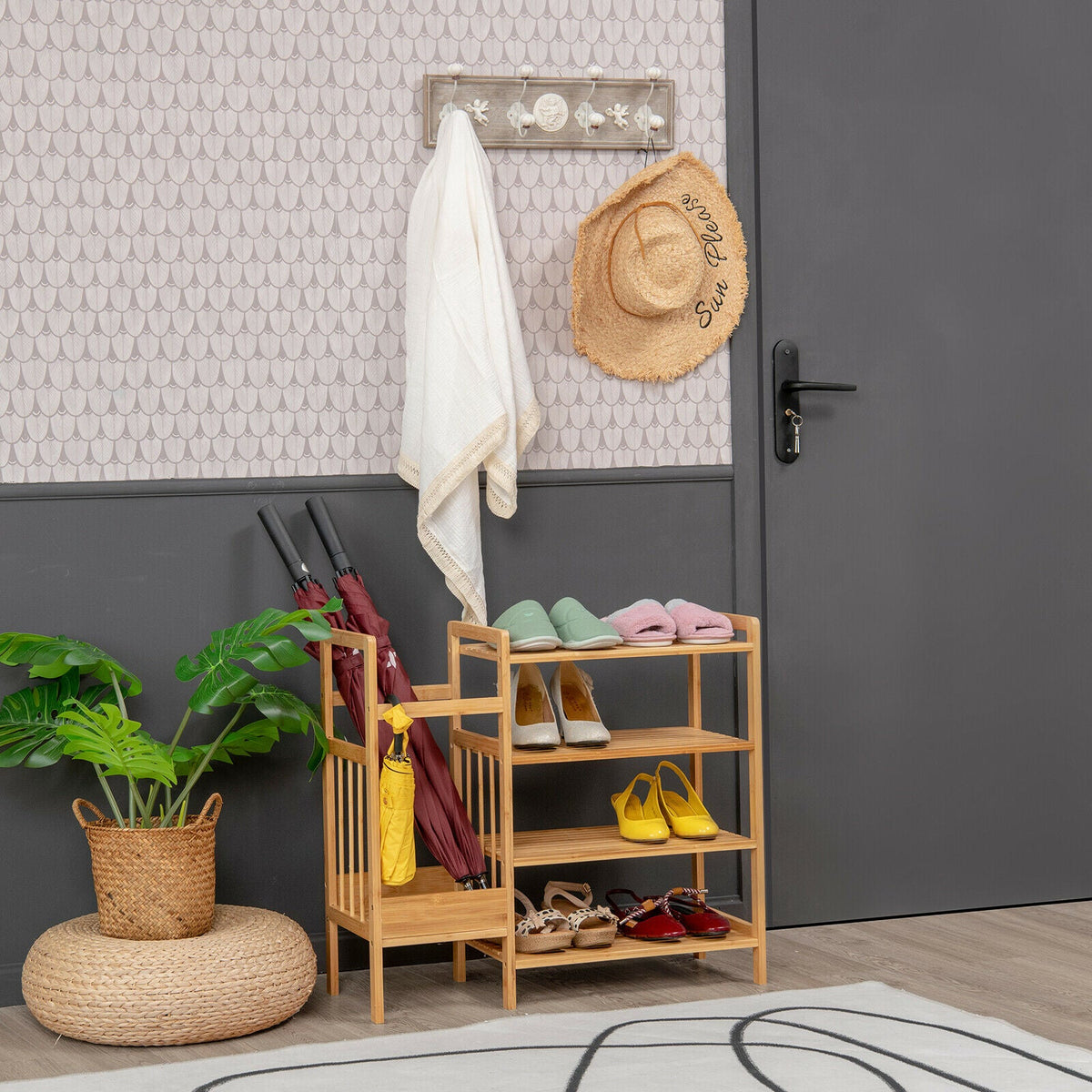 4 Shelved Bamboo Shoe Rack with Umbrella Stand-Natural