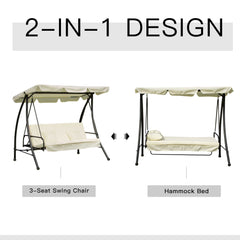 Outsunny 3 Seater Swing Chair 2-in-1 Hammock Bed Patio Garden Swing Seat Bed with Adjustable Canopy and Cushions, Cream