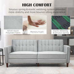 HOMCOM Modern Convertible Sofa Futon Velvet-Touch Tufted Couch Compact Loveseat with Adjustable Split Back, Light Grey