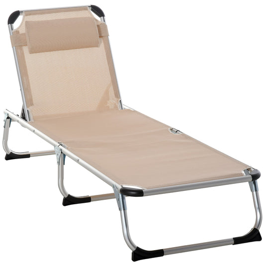 Outsunny Foldable Outdoor Sun Lounger, Reclining Lounge Chair Camping Bed Cot with Pillow 4-Level Adjustable Back Aluminium Frame, Khaki