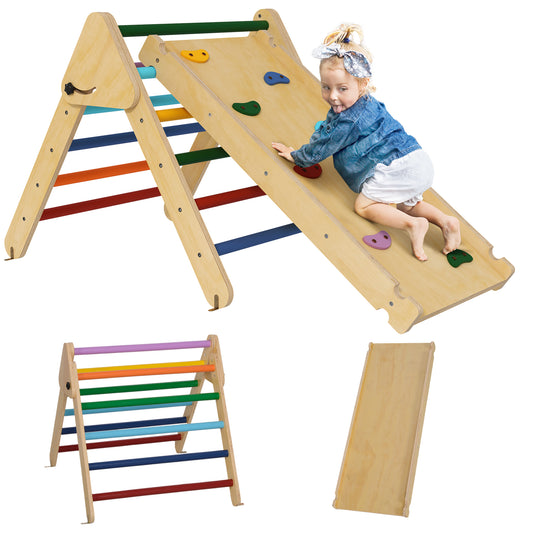 AIYAPLAY Toddler Climbing Frame for Kids, with Ramp, 3-in-1 Wooden Pikler Triangle Set for 18-48 Months, Multicolour