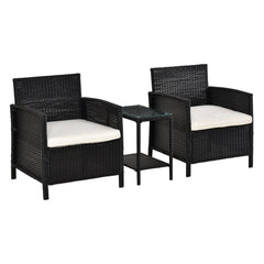 Outsunny 2-Seater PE Rattan Side Table & Armchair Bistro Set Jack and Jill Seat w/ Pillows Black