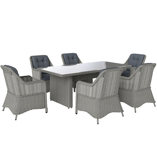 Outsunny 6 Seater Rattan Dining Set, Round PE Rattan Garden Furniture Set with Seat and Back Cushions, Aluminium Outdoor Dining Table and Chairs with 6 Armchairs, Rectangular Glass Top Table, Grey