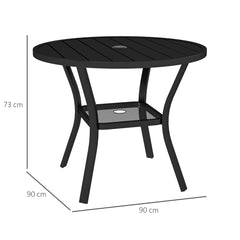 Outsunny 90 cm Garden Dining Table with 4-5 cm Parasol Hole, Round Outdoor Dining Table, Steel Garden Table with Slatted Metal Top and Wire Shelf for Balcony, Porch, Black