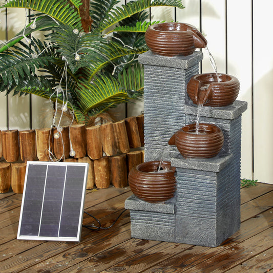 Outsunny Solar Powered Garden Water Feature with LED Lights and Pump, 4 Tier Cascading Water Fountain for Indoor/Outdoor, Bowls Waterfall Ornament, 58cm Height