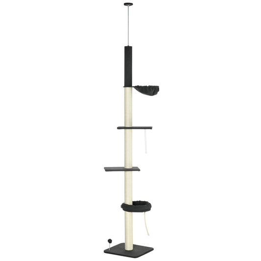 PawHut 240-270cm Floor-To-Ceiling Cat Tree, 5 Tier Cat Climbing Tower, with Bed, Hammock, Platforms, Black and Cream