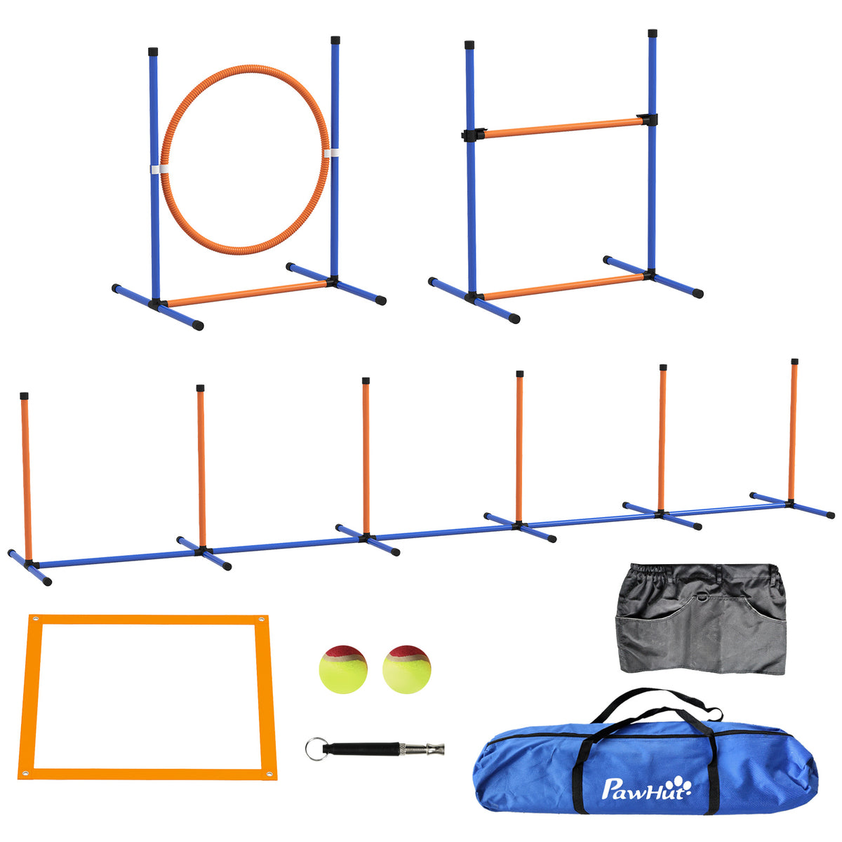 PawHut Eight-Piece Dog Agility Equipment Set with Weave Poles, Jump Ring, Hurdle, Pause Box, Training Shorts, Bag, Orange