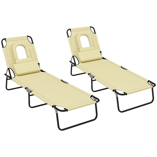 Outsunny Outdoor Foldable Sun Lounger Set of 2, 4 Level Adjustable Backrest Reclining Sun Lounger Chair with Pillow and Reading Hole, Beige