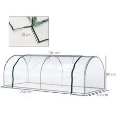 Outsunny Mini Greenhouse, Small Polytunnel Green House with Zipped Doors, Steel Frame for Garden Patio, 250 x 100 x 80cm, Clear