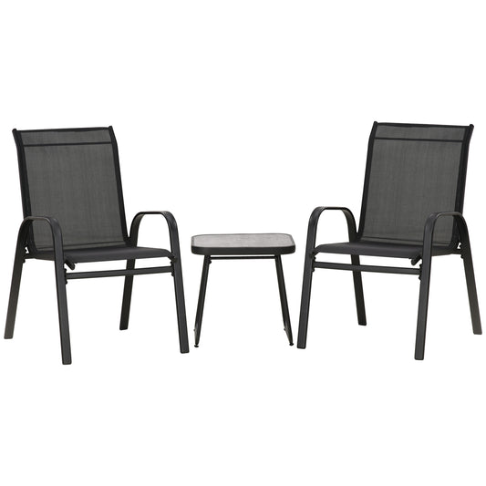 Outsunny 3 Pieces Outdoor Bistro Set, Patio Stackable Armchairs with Breathable Mesh Fabric and SPC Board Coffee Table, Black