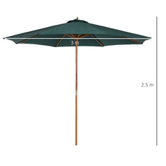 Outsunny 3(m) Wooden Patio Umbrella, Pulley Operated Garden Parasol with Rope Pulley Mechanism and 8 Ribs, Dark Green