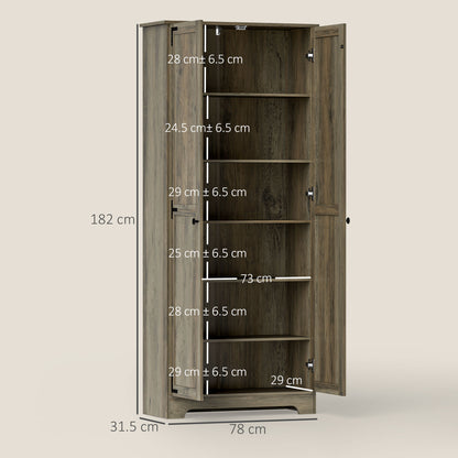 HOMCOM Farmhouse Kitchen Cupboard, Freestanding Kitchen Storage Cabinet with Adjustable Shelves, Tall Storage Cabinet with Recessed Doors, Grey Wood-Effect