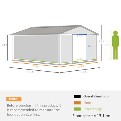Outsunny 13 x 11ft Large Garden Shed, Mental Garden Storage Shed with Foundation Kit Ventilation & Doors, Light Grey