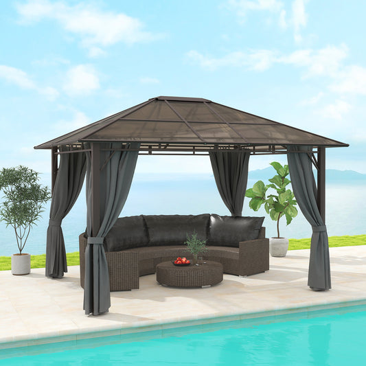 Outsunny 3 x 3.6m Hardtop Gazebo Canopy with Polycarbonate Roof Garden Pavilion with Removable Curtains and Steel Frame, Dark Grey