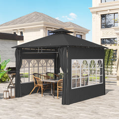 Outsunny 3 x 3 m Garden Gazebo, Double Roof Metal Gazebo with Removable Sidewalls and Church Windows, Outdoor Canopy Shelter, Dark Grey