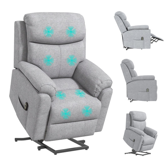 HOMCOM Power Lift Chair Electric Riser Recliner for Elderly with Massage, Linen Fabric Sofa Lounge Armchair with Remote Control and Side Pocket, Grey