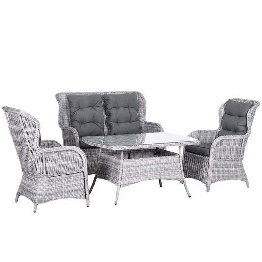 Outsunny Garden PE Rattan Dining Sofa Set, Outdoor 4 Seater Wicker Furniture, High Back Chairs with Cushions, Tempered Glass Coffee Table for Patio, Mixed Grey