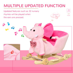 HOMCOM 2 In 1 Plush Baby Ride on Rocking Horse Elephant Rocker with Wheels Wooden Toy for Kids 32 Songs for 18+ Months (Pink)