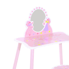 HOMCOM Kids Dressing Table Girls Pink Wooden Kids Dressing Table & Stool Make Up Desk Chair Toys Fairy Dresser Play Set w/Mirror