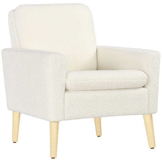 HOMCOM Armchair, Upholstered Accent Chair with Wood Legs and Wide Padded Seat, Teddy Occasional Chair, Cream White