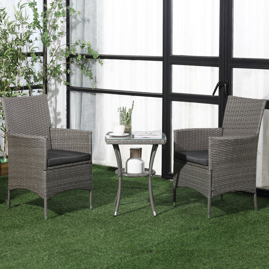 Outsunny 3 Pieces Rattan Bistro Set, Wicker Garden Furniture Set with 2-Tier Coffee Table and Chairs, Washable Cushions, for Outdoor Patio Balcony, Grey