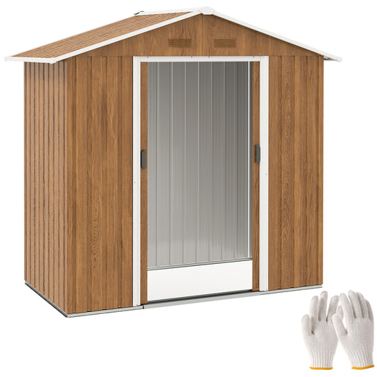 Outsunny 6.5 x 3.5ft Metal Garden Storage Shed - Brown Wood Effect