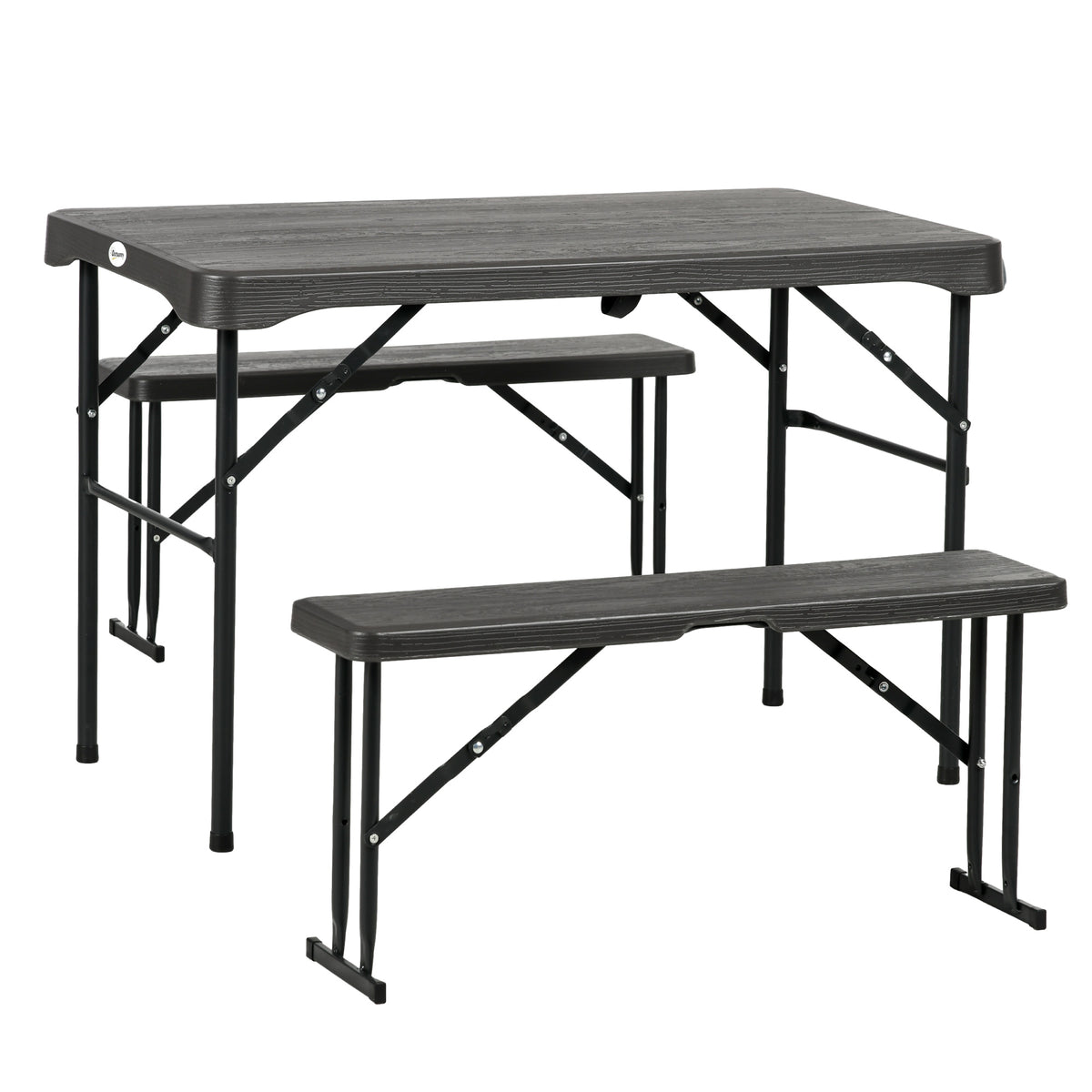 Outsunny Folding Picnic Table with 2 Benches, 3-Piece Portable Garden Furniture Set for 4, Dining Table Set with Plastic Top, Steel Frame, Dark Grey