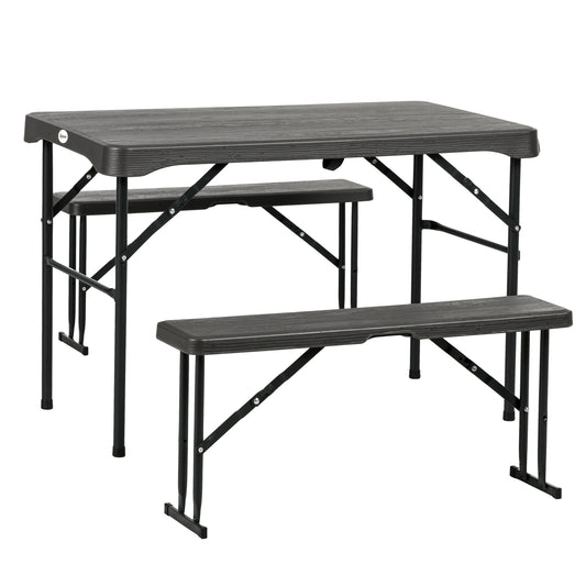 Outsunny Folding Picnic Table with 2 Benches, 3-Piece Portable Garden Furniture Set for 4, Dining Table Set with Plastic Top, Steel Frame, Dark Grey