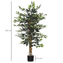 HOMCOM Artificial Ficus Tree in Pot, 130cm Tall Fake Plant with Lifelike Leaves and Natural Trunks, for Indoor Outdoor, Green