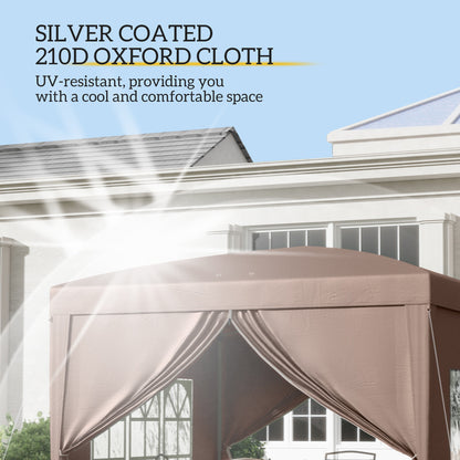 Outsunny 3 x 3 m Pop Up Gazebo, Wedding Party Canopy Tent Marquee with Carry Bag and Windows, Coffee