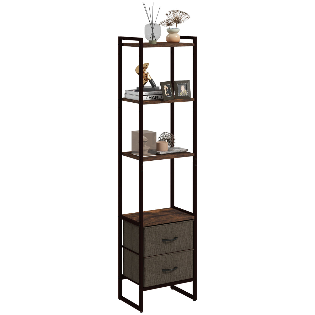 HOMCOM Four-Tier Industrial Display Shelf, with Bottom Drawers