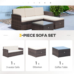 Outsunny 3 Pieces Outdoor PE Rattan Corner Sofa Set with Thick Cushions, Patio Rattan Garden Furniture with Glass Top Coffee Table and Footstool, Brown