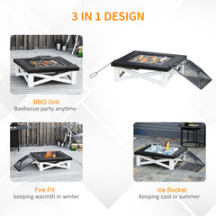 Outsunny Metal Large Firepit Outdoor 3 in 1 Square Fire Pit Brazier w/ BBQ Grill, Lid, Log Grate, Poker for Backyard, Camping, Bonfire, Wood Burning Stove, 86 x 86 x 38cm, Black