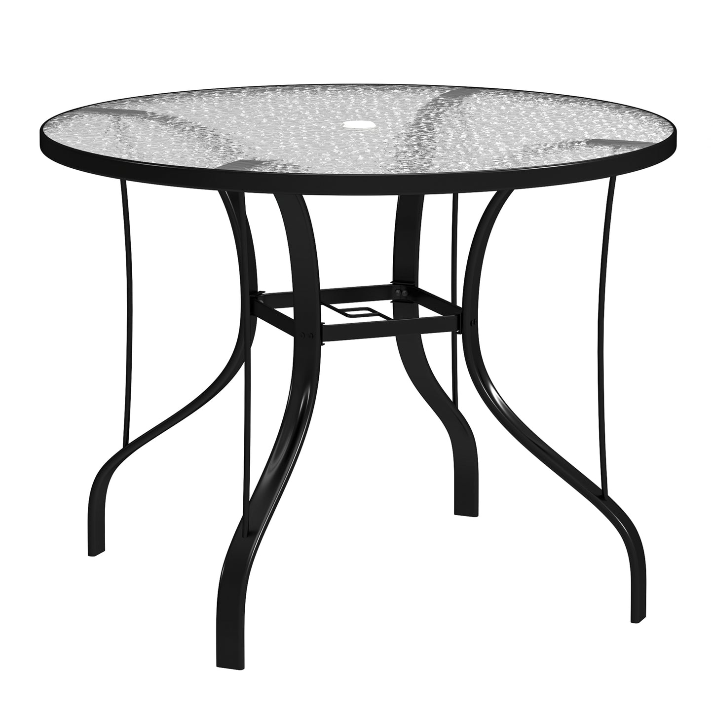 طاولة طعام خارجية دائرية من Outsunny ذات سطح من الزجاج المقسّى مع فتحة مظلة، 96.5 × 96.5 × 71 سم