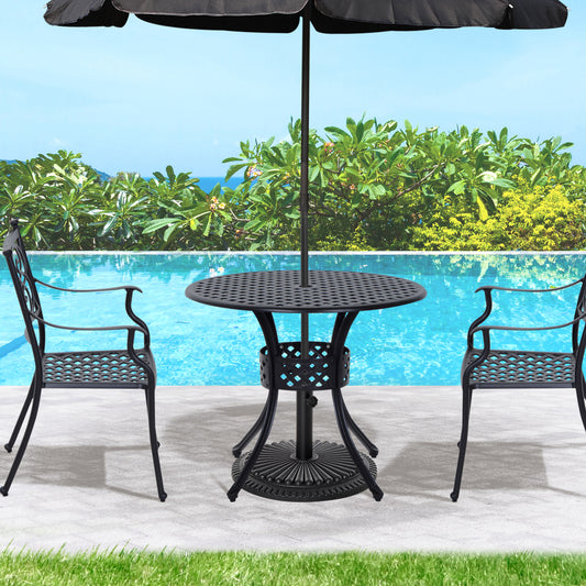 Outsunny 85cm Round Garden Table with Umbrella Hole, Aluminium Grid Motif Outdoor Dining Table for Garden Patio, Black