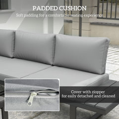 Outsunny 4 Pieces Patio Garden Set with 5-Level Recline Corner Sofa, Outdoor Garden Lounge Sectional Conversation Sofa Set with Cushions, Wood Grain Plastic Table, Black Frame Light Grey Cushion