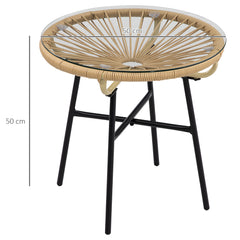 Outsunny Rattan Side Table, Round Outdoor Coffee Table, with Round PE Rattan and Tempered Glass Table Top for Patio, Garden, Balcony, Beige