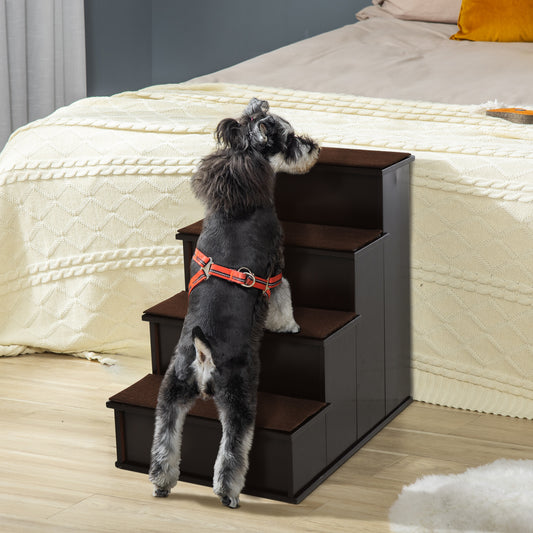 PawHut 4 Step Wooden Dog Steps Pet Stairs for Dogs, Cat Ladder for Bed Couch with Non-Slip Carpet 40 x 59 x 54.2 cm, Dark brown